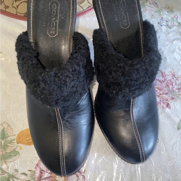Coach Slip On Kacie mules black leather shearling trim high heel size 8B - Picture 1 of 8